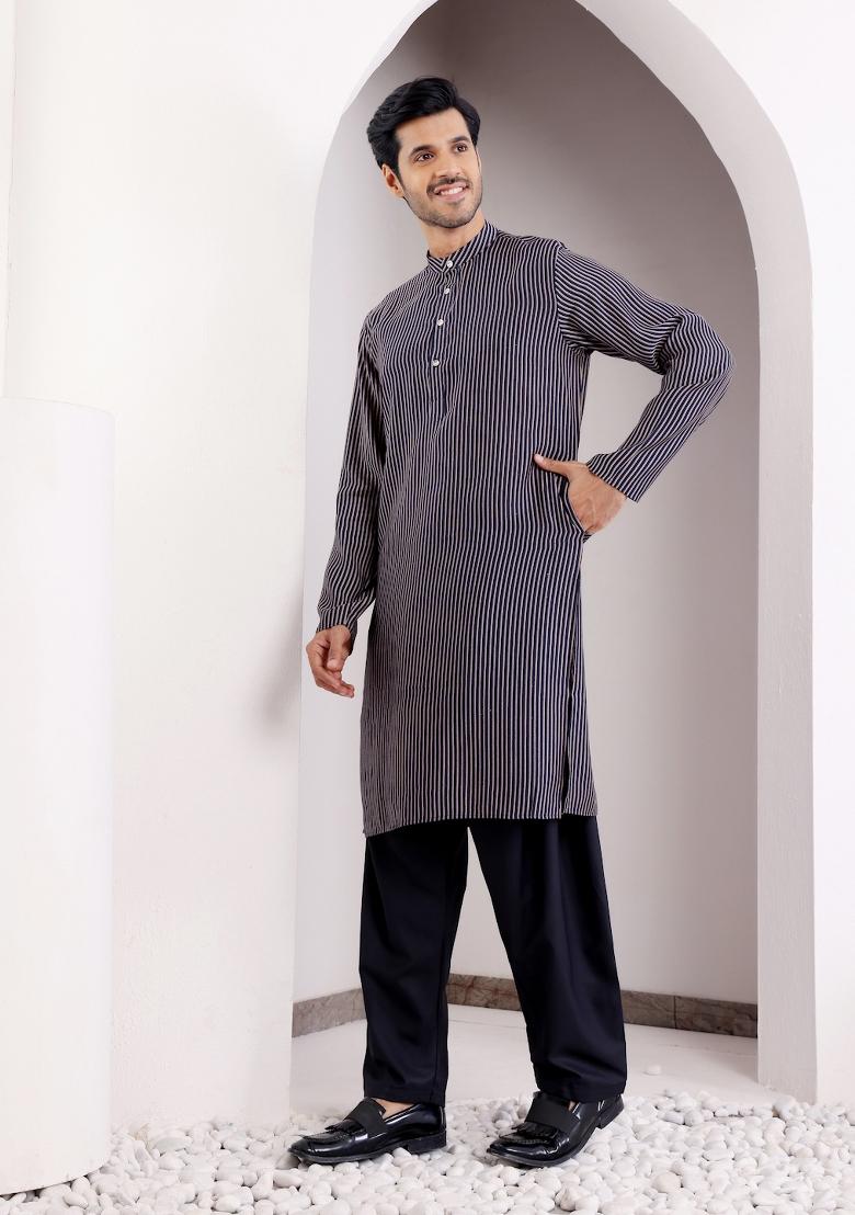Navy Blue Modal Silk Kurta For Men