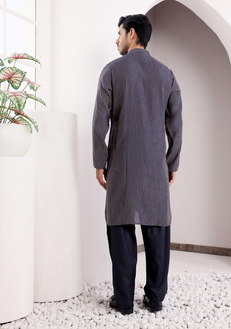 Navy Blue Modal Silk Kurta For Men