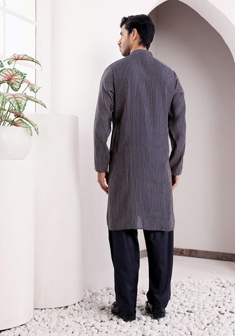 Navy Blue Modal Silk Kurta For Men