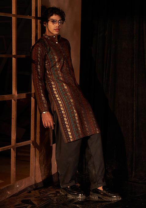 Multi Color Printed Modal Silk Kurta For Men