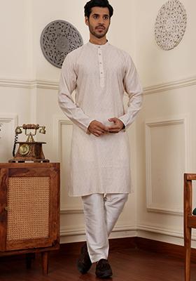 White Printed Modal Silk Kurta For Men