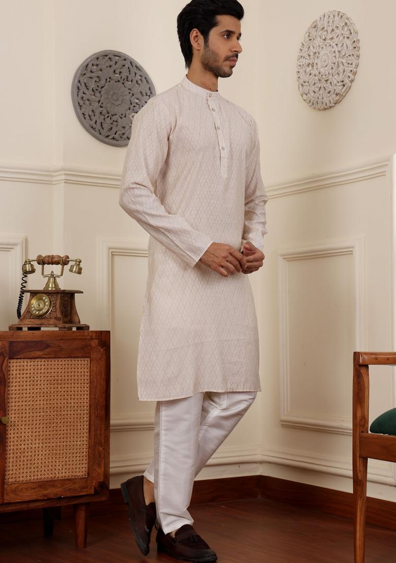 White Printed Modal Silk Kurta For Men