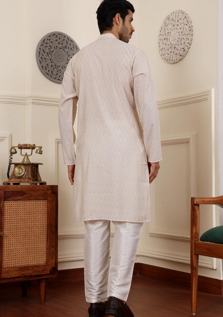 White Printed Modal Silk Kurta For Men
