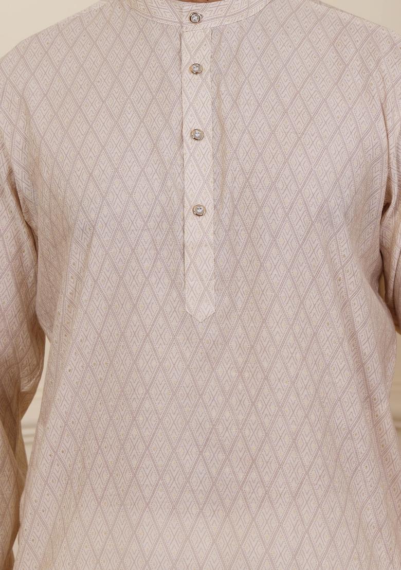 White Printed Modal Silk Kurta For Men