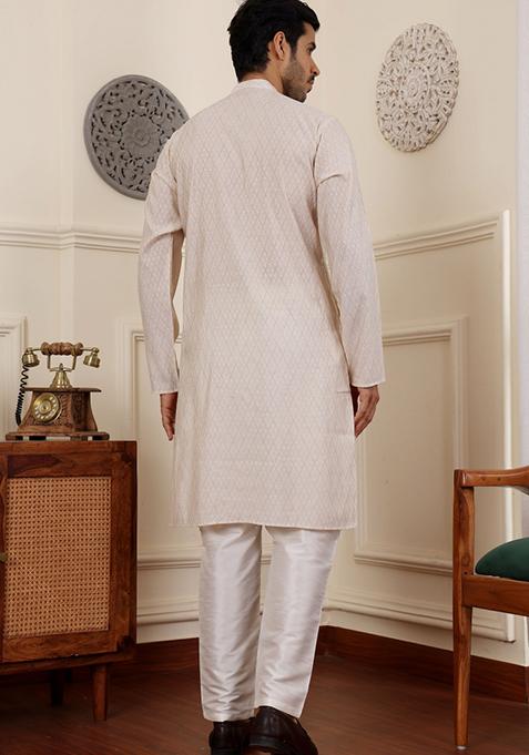 White Printed Modal Silk Kurta For Men