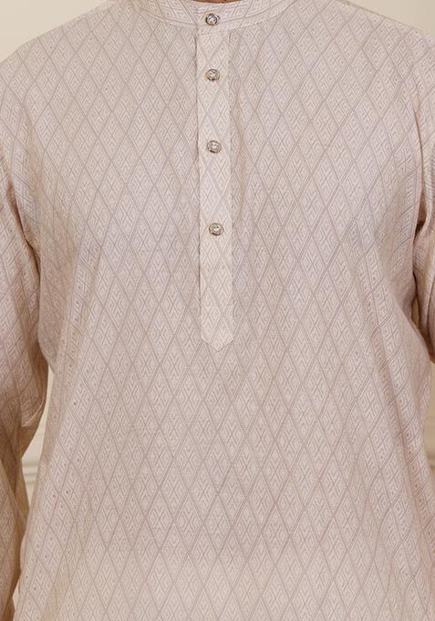 White Printed Modal Silk Kurta For Men