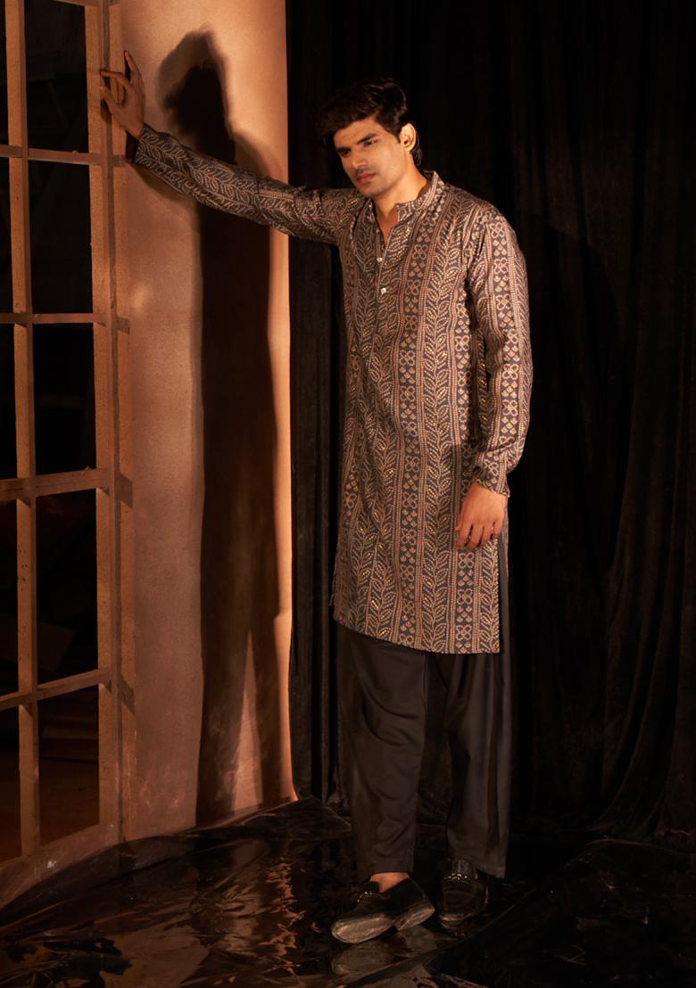Navy Blue Printed Modal Silk Kurta For Men