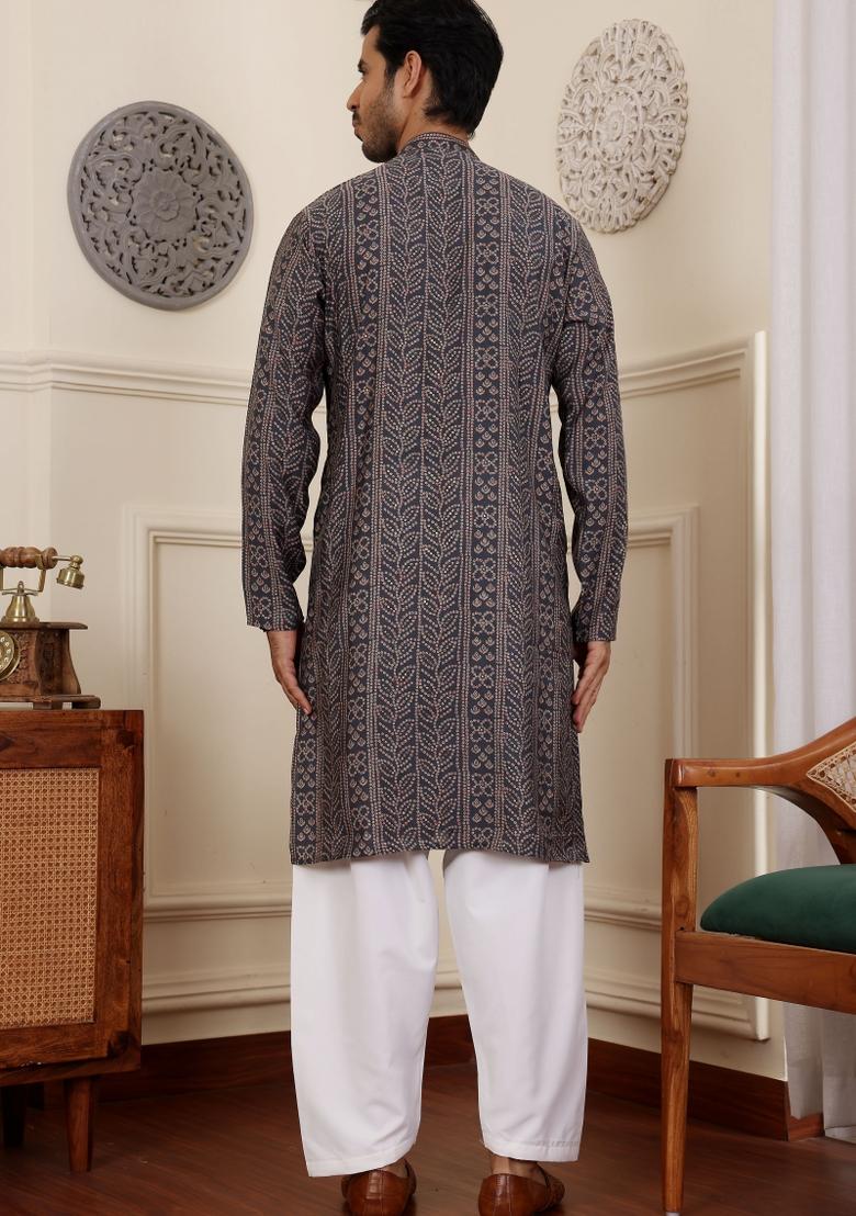 Navy Blue Printed Modal Silk Kurta For Men