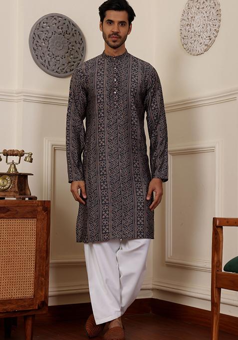 Navy Blue Printed Modal Silk Kurta For Men
