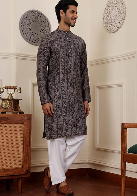 Navy Blue Printed Modal Silk Kurta For Men