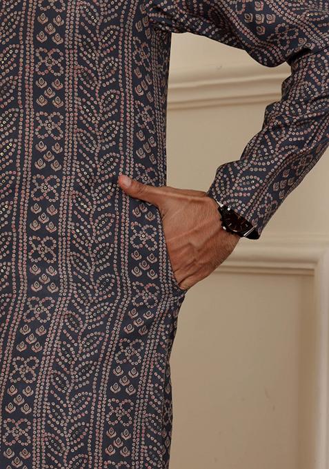 Navy Blue Printed Modal Silk Kurta For Men
