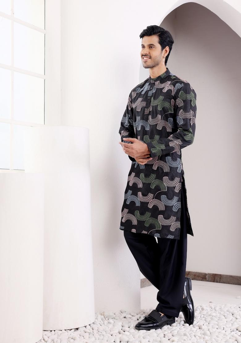 Black Embroidered Linen Kurta For Men