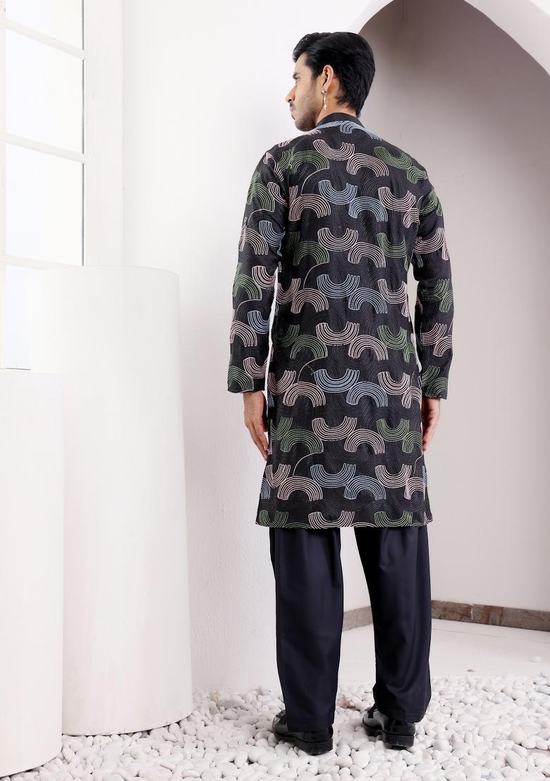 Black Embroidered Linen Kurta For Men