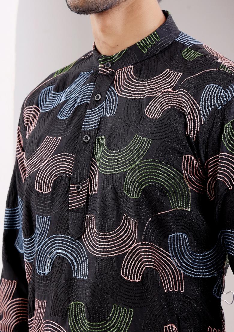 Black Embroidered Linen Kurta For Men