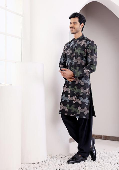Black Embroidered Linen Kurta For Men