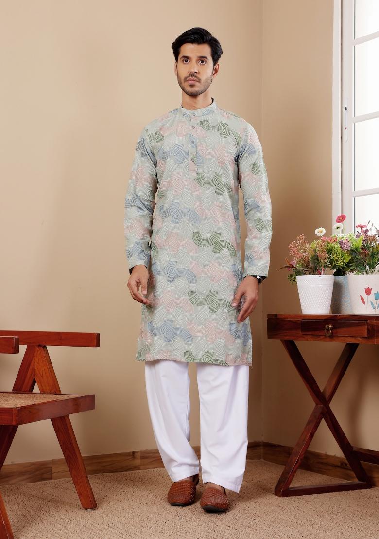 Light Pastel Green Embroidered Linen Kurta For Men