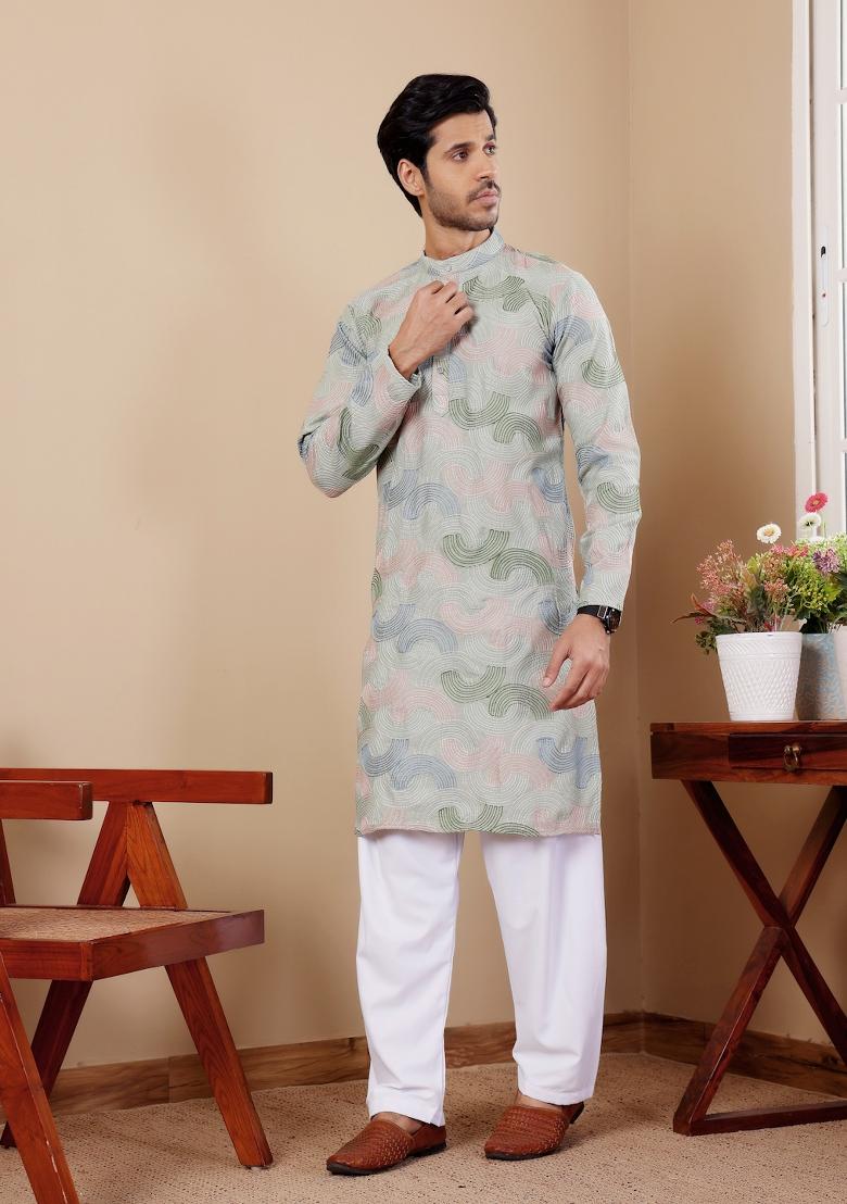 Light Pastel Green Embroidered Linen Kurta For Men