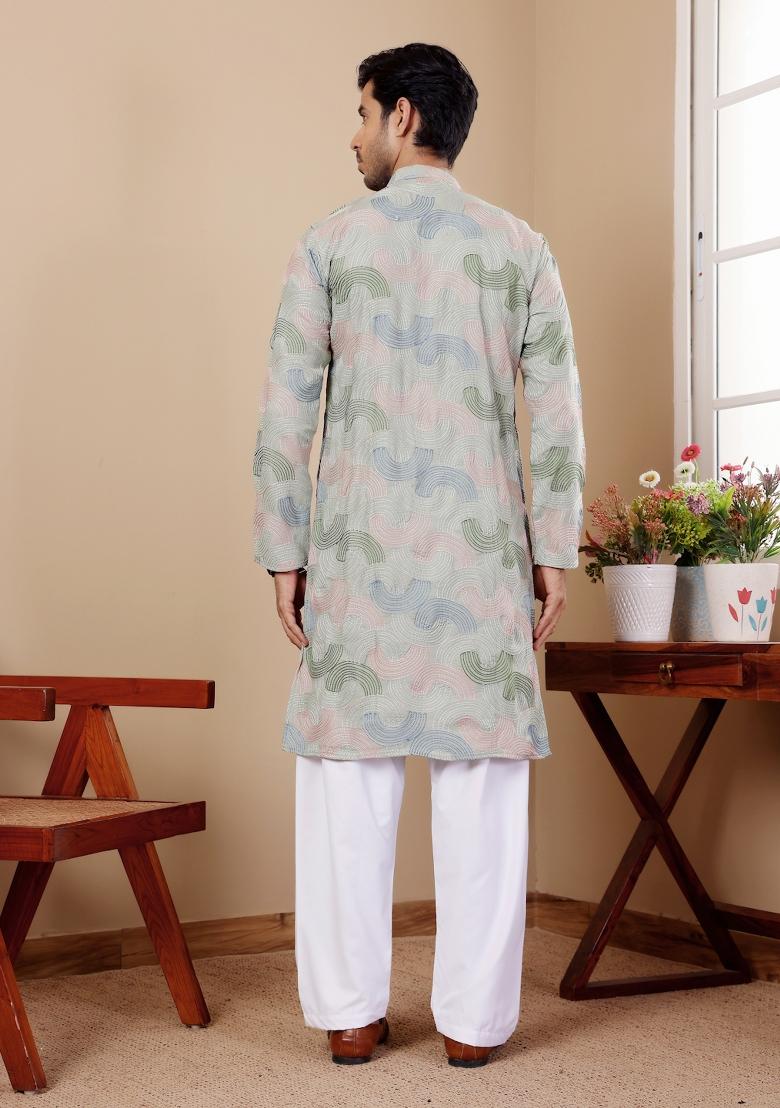 Light Pastel Green Embroidered Linen Kurta For Men