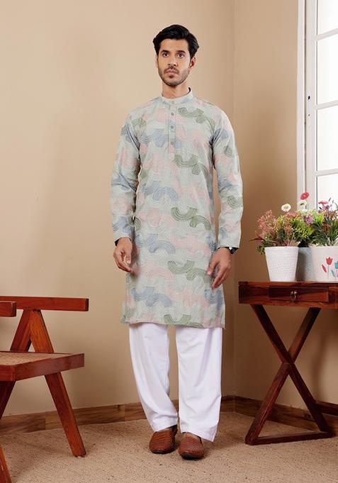 Light Pastel Green Embroidered Linen Kurta For Men