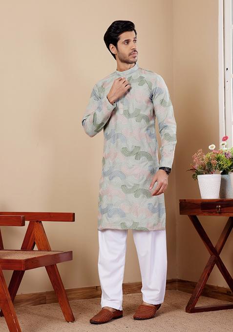 Light Pastel Green Embroidered Linen Kurta For Men