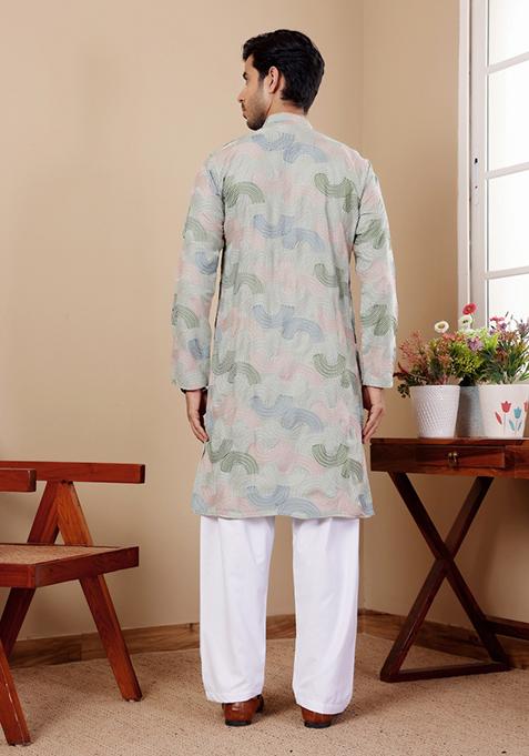 Light Pastel Green Embroidered Linen Kurta For Men
