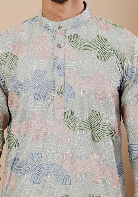 Light Pastel Green Embroidered Linen Kurta For Men