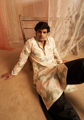 Cream Embroidered Linen Kurta For Men
