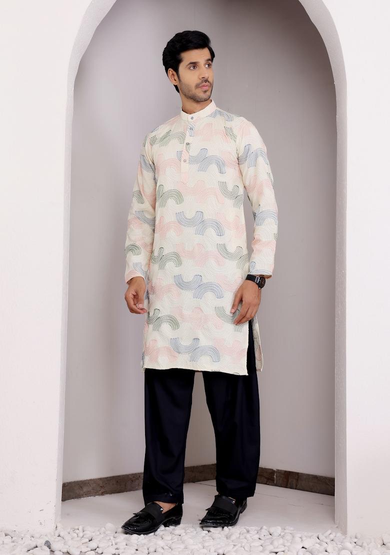 Cream Embroidered Linen Kurta For Men