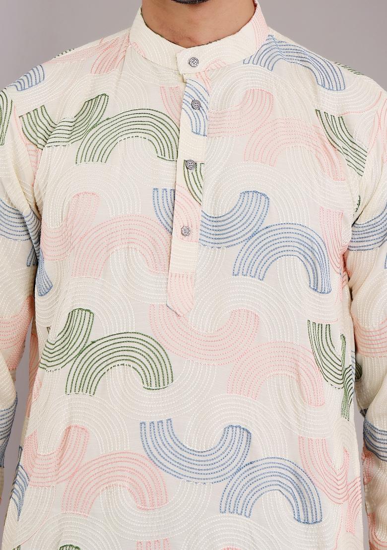 Cream Embroidered Linen Kurta For Men