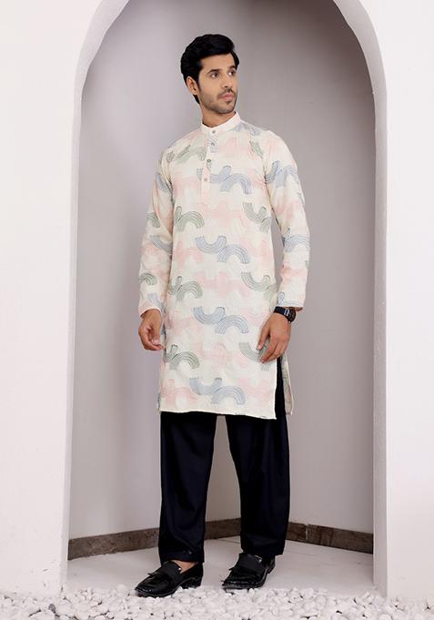 Cream Embroidered Linen Kurta For Men
