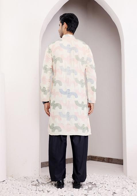 Cream Embroidered Linen Kurta For Men