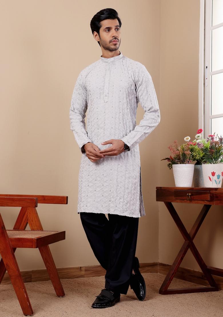 Light Blue Embroidered Linen Kurta For Men