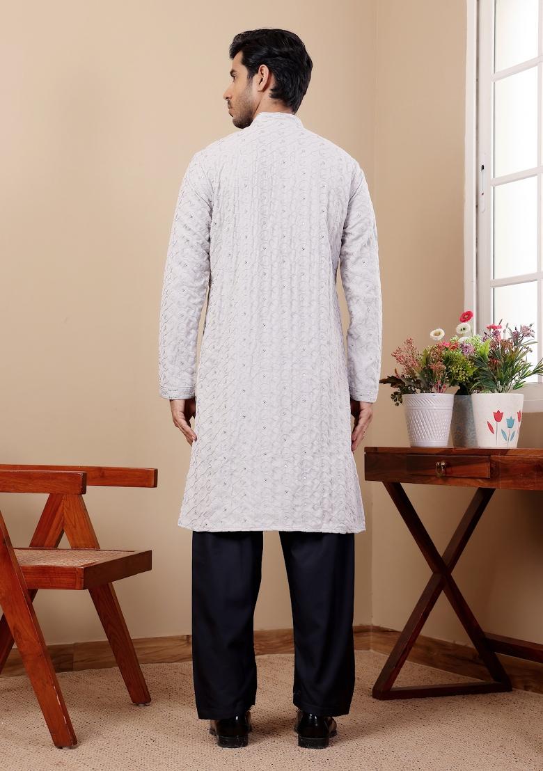Light Blue Embroidered Linen Kurta For Men