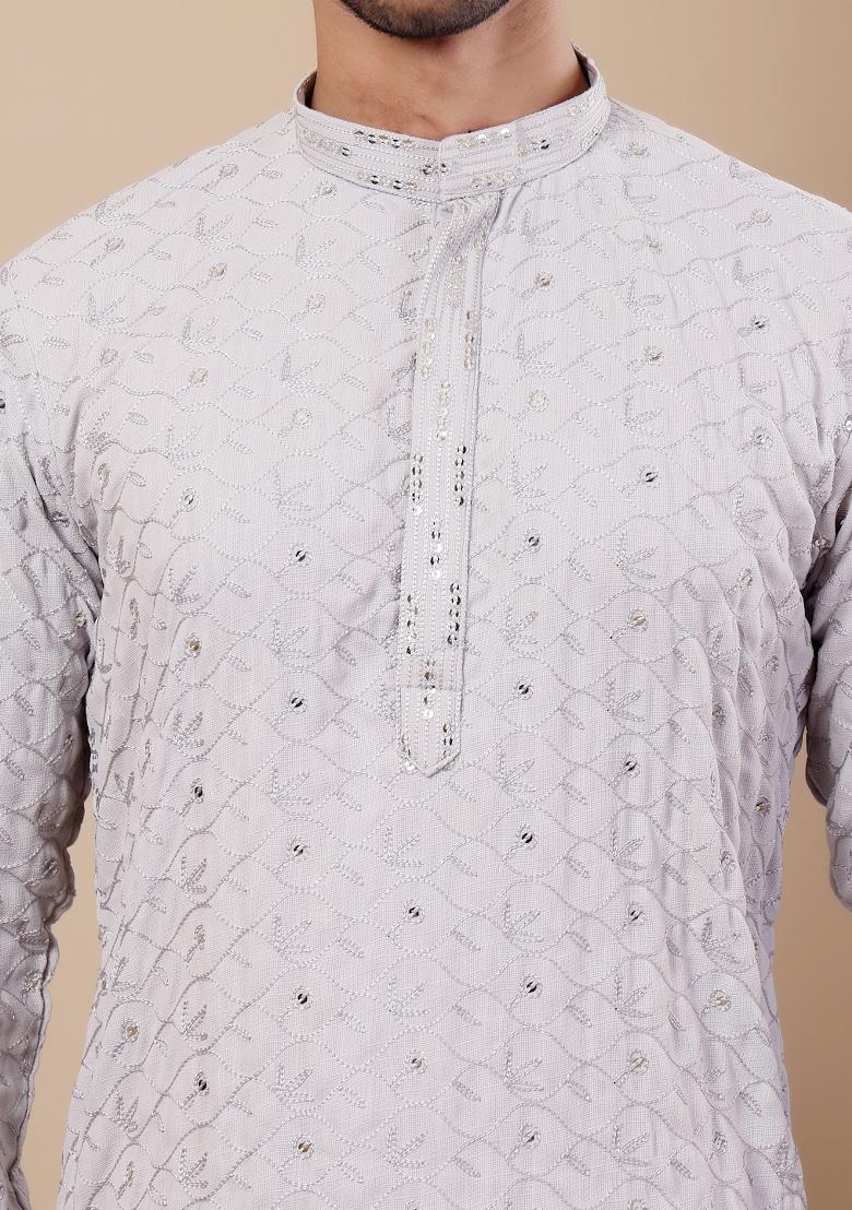 Light Blue Embroidered Linen Kurta For Men - Indya