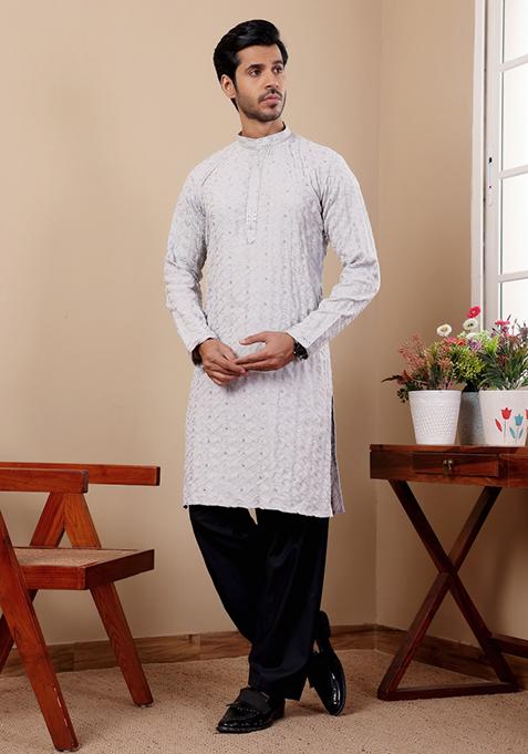 Light Blue Embroidered Linen Kurta For Men