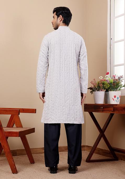 Light Blue Embroidered Linen Kurta For Men