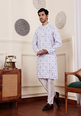 Light Purple Embroidered Linen Kurta For Men