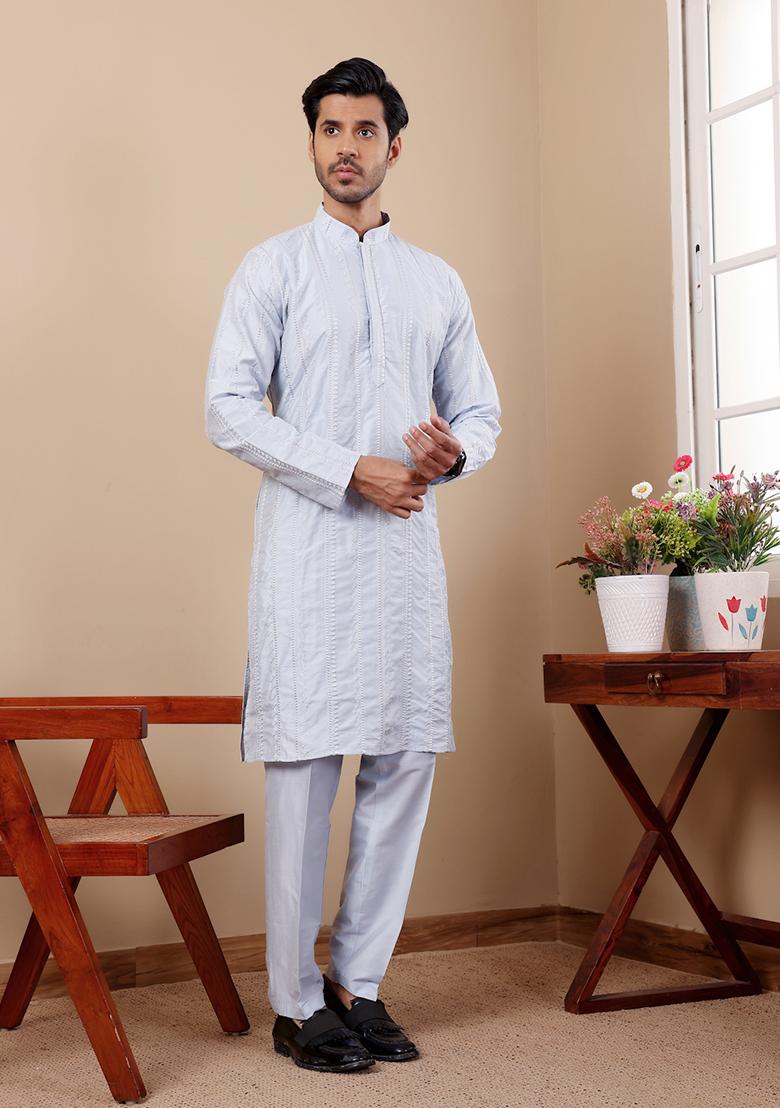 Light Blue Embroidered Silk Kurta Set For Men