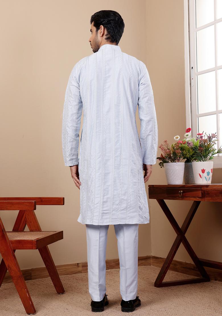 Light Blue Embroidered Silk Kurta Set For Men