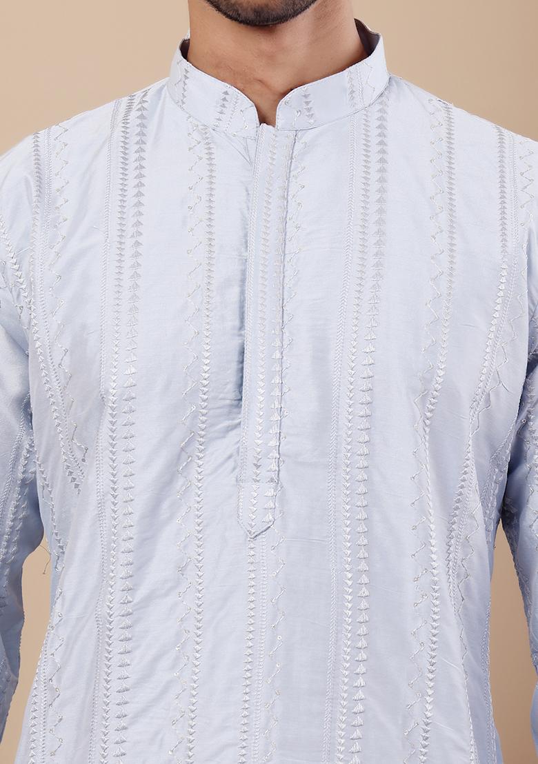 Light Blue Embroidered Silk Kurta Set For Men