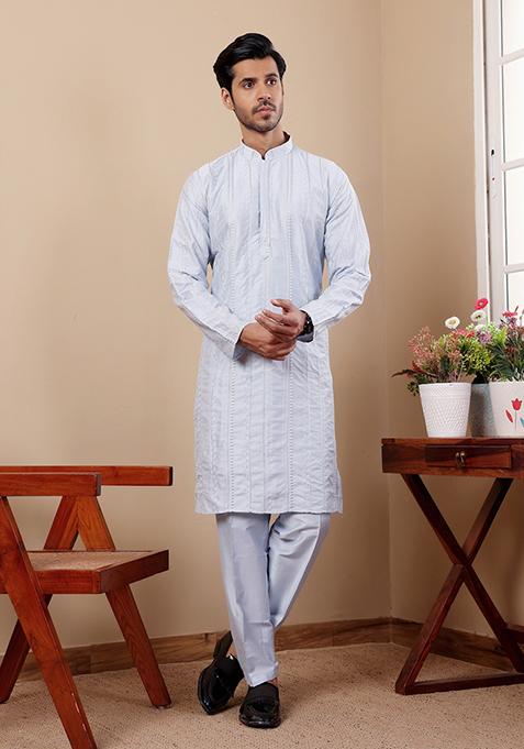 Light Blue Embroidered Silk Kurta  Set For Men