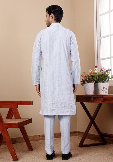 Light Blue Embroidered Silk Kurta Set For Men