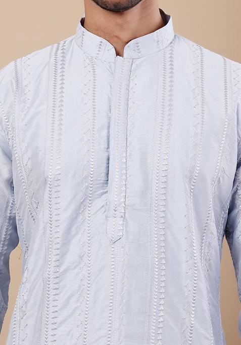 Light Blue Embroidered Silk Kurta Set For Men