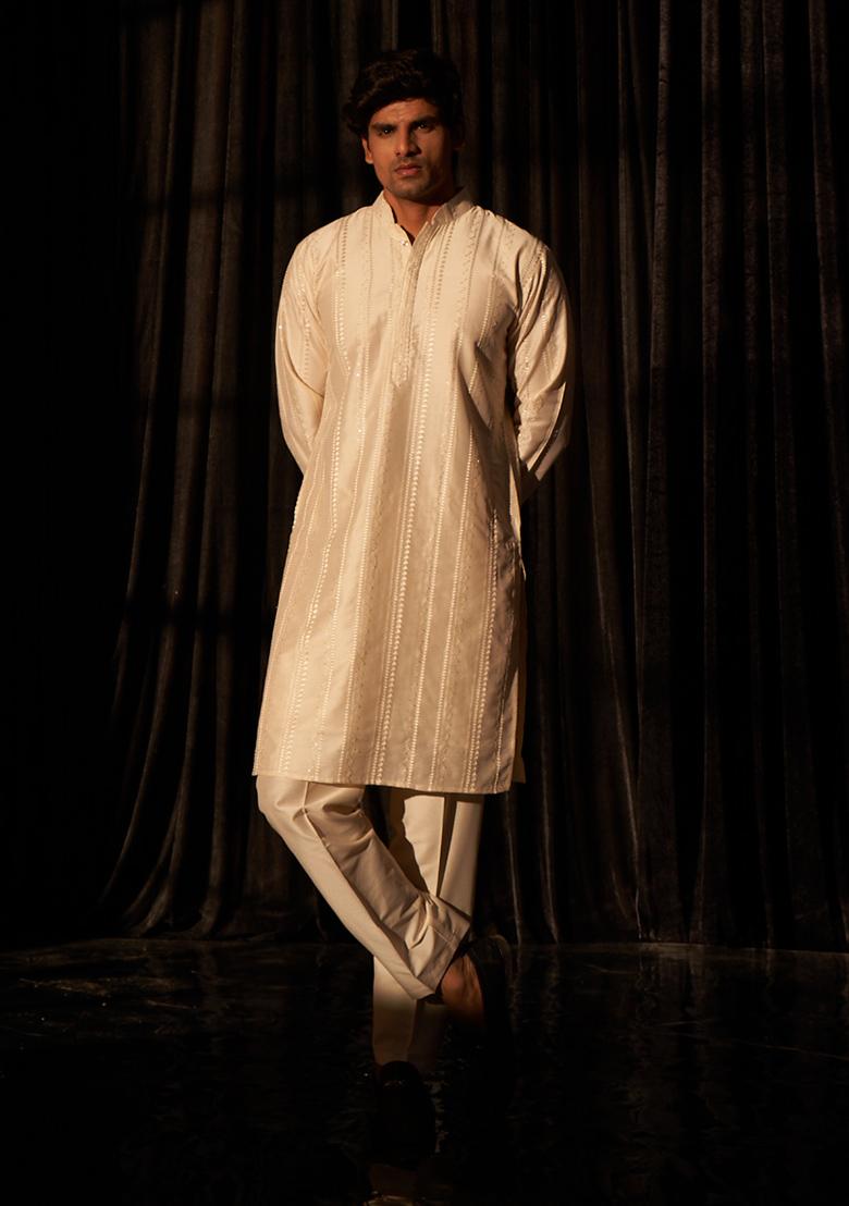 Off White Embroidered Silk Kurta Set For Men