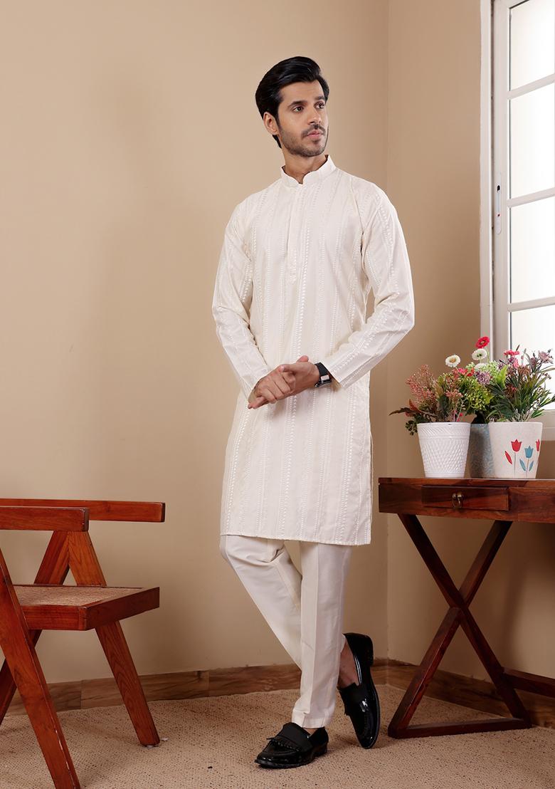 Off White Embroidered Silk Kurta Set For Men