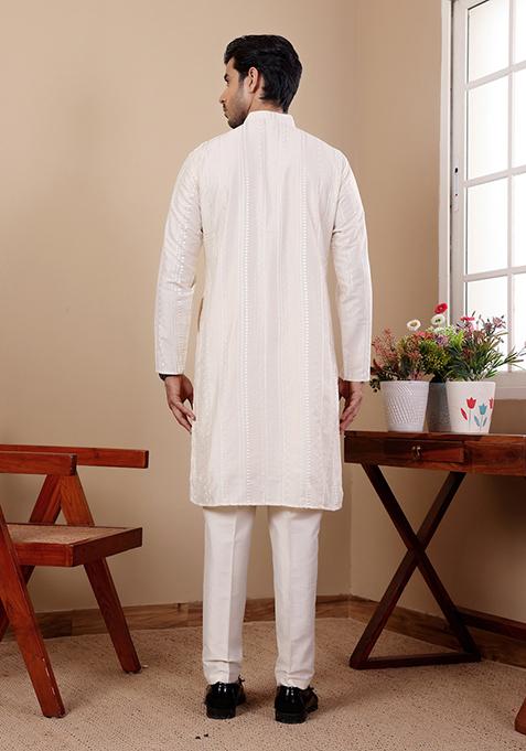 Off White Embroidered Silk Kurta Set For Men