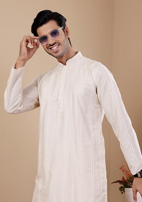 Off White Embroidered Silk Kurta Set For Men
