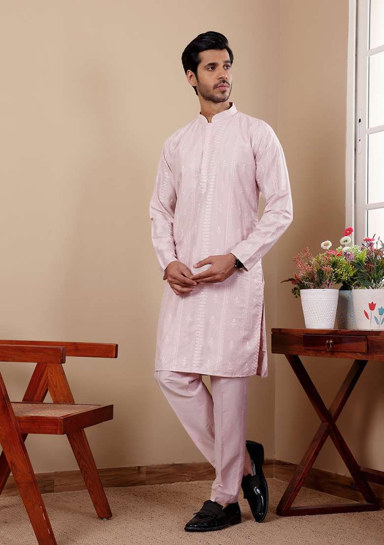Light Pink Embroidered Silk Kurta  Set For Men - Indya