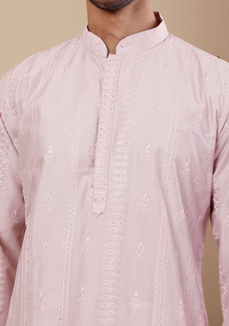 Light Pink Embroidered Silk Kurta  Set For Men - Indya