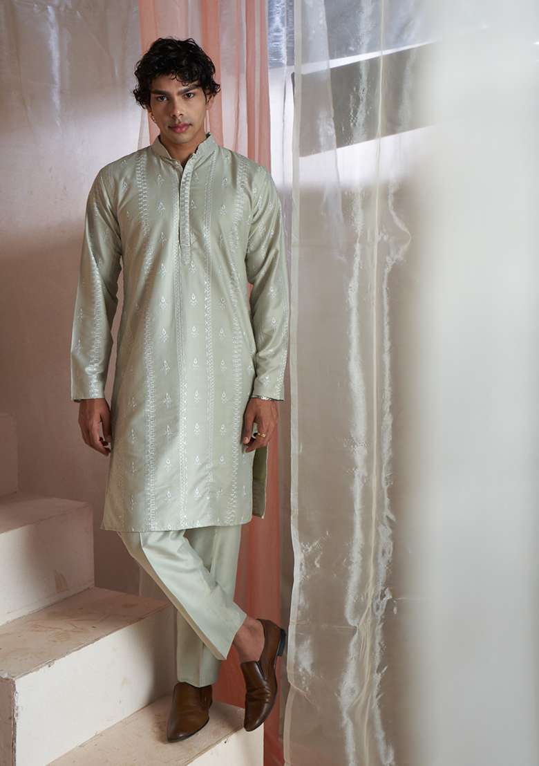 Light Green Embroidered Silk Kurta  Set For Men - Indya